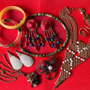 Vintage Jewelry Lot 80s Colorful Earrings, Lucite Bangle, 60s Necklace, 90s Pin
